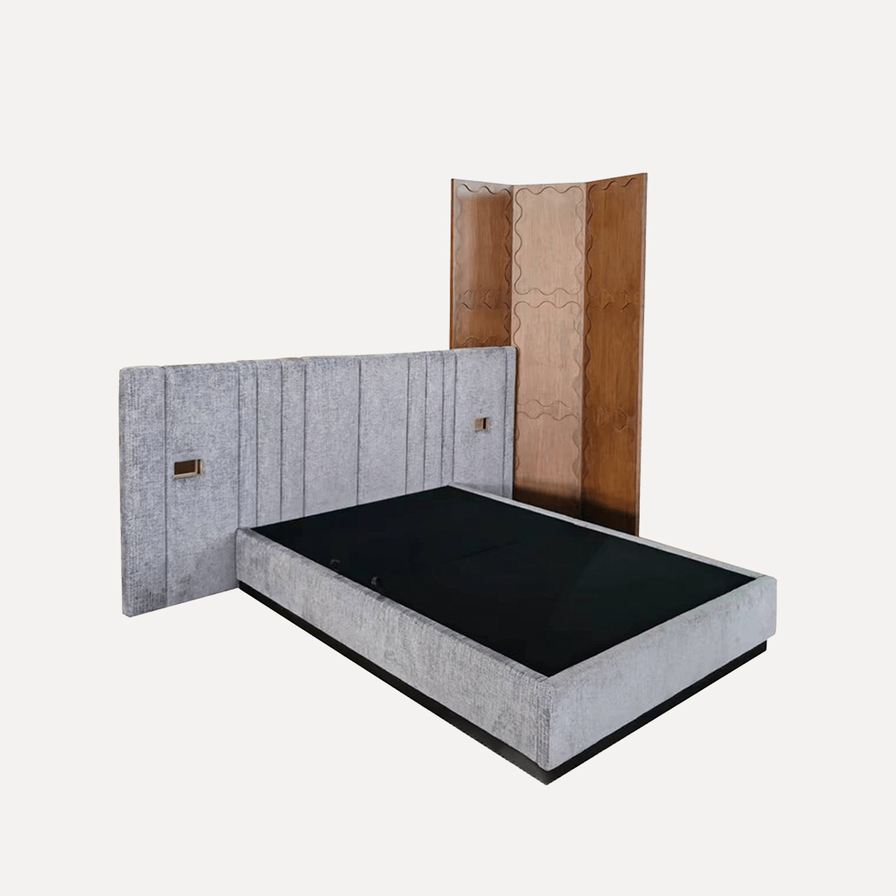 bedroom privacy screen UK, walnut veneer screen, plywood room divider, custom bedroom partition, modern privacy screen for bedrooms, high-end bedroom screen