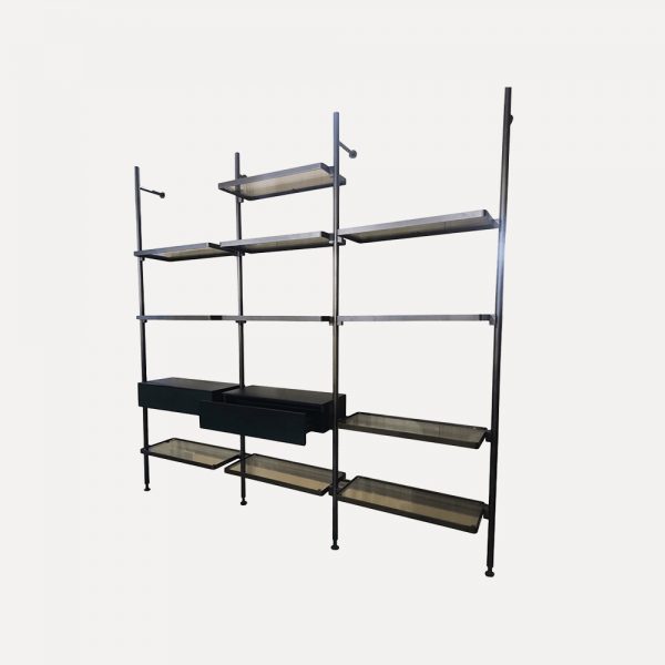 wall-mounted bookcase, stainless steel bookshelf, ultra-clear glass shelf, oak veneer drawer bookcase, modern minimalist shelving, home office storage unit, library shelving, public space bookcase, contemporary wall-mounted shelf, high-end display bookshelf, multifunctional storage bookcase, elegant glass and wood shelf