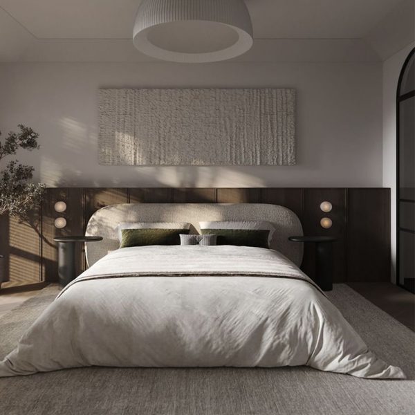 Modern Oak Veneer Bed – Plywood Construction with Designer Headboard, Customizable Size, Pre-Drilled UK Socket, Export to UK - 图片 3