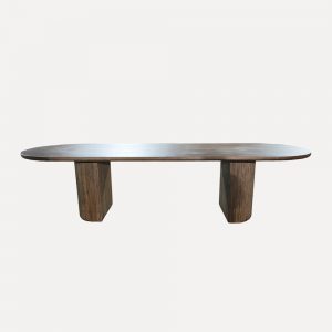 solid oak dining table, luxury dining table, modern wood dining table, oval-ended dining table, semi-circular wood base table, decorative metal dining table, high-end villa dining furniture, UK standard dining table, contemporary oak dining table