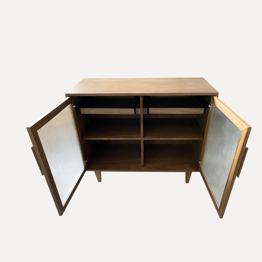 antique elm side cabinet, reeded glass cabinet, small-space storage cabinet, solid wood sideboard, carved wooden cabinet, vintage-inspired furniture