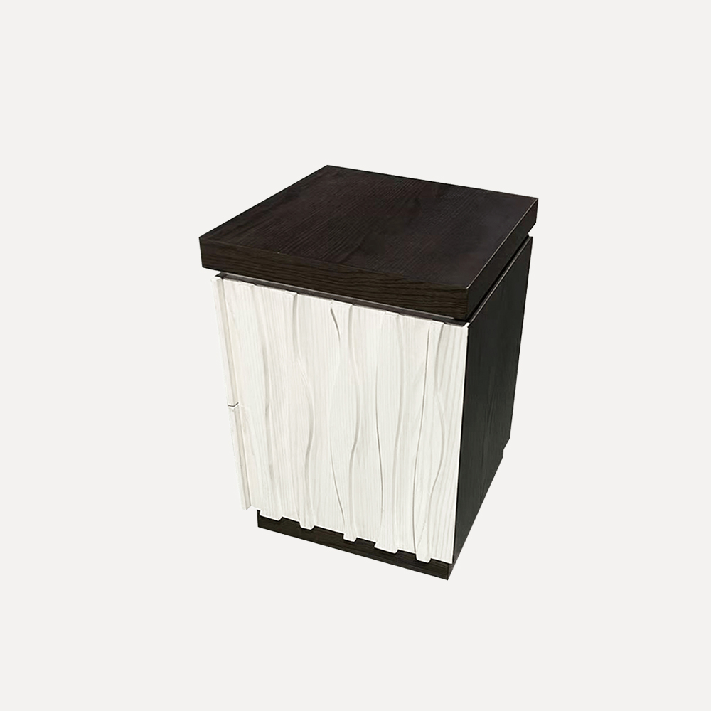 Oak veneer bedside table Ash veneer nightstand Plywood bedside table Engraved bedside table Yang carving furniture Elegant bedroom furniture Designer bedside table Modern nightstand Bedroom accent furniture Luxury wooden nightstand