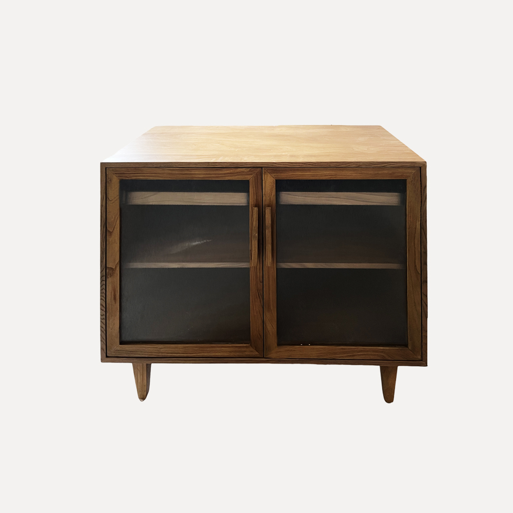 antique elm side cabinet, reeded glass cabinet, small-space storage cabinet, solid wood sideboard, carved wooden cabinet, vintage-inspired furniture