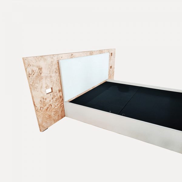 Luxury Customizable Bed with Poplar Burl Veneer Designer Upholstered Bed with UK Socket Pre-Drilled Fire-Retardant Fabric Bed for UK Export Modular Bed with Matching Nightstands Premium Bed for High-End Residential Projects