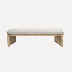 modern upholstered bench, solid ash wood bench, hand-hammered wood legs, beige fabric bench, rectangular accent bench, living room bench, bedroom bench, public space seating bench, untufted upholstered bench, contemporary wood and fabric bench, high-density foam seating