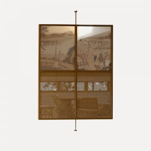 Decorative screen for commercial space Japanese-designed screen Solid ash wood room divider Ink painting screen Rattan and wood screen Fabric screen for showroom Artistic screen divider Exhibition space divider Commercial interior partition Elegant room divider