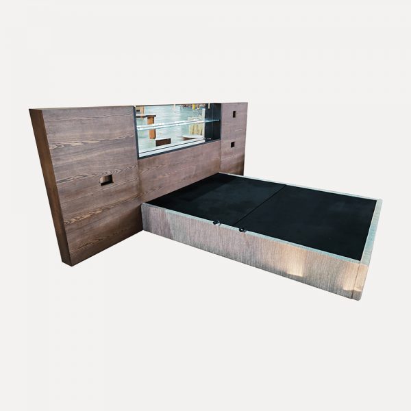 Modern Upholstered Bed Oak Veneer Bed with Glass Bed with Built-in Mirror and Ultra-Clear Glass Fire-Retardant Fabric Bed Designer Bed Export to UK Customizable Bed with UK Socket Modular Bed for Overseas Shipment