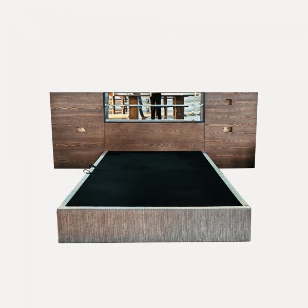 Modern Upholstered Bed Oak Veneer Bed with Glass Bed with Built-in Mirror and Ultra-Clear Glass Fire-Retardant Fabric Bed Designer Bed Export to UK Customizable Bed with UK Socket Modular Bed for Overseas Shipment