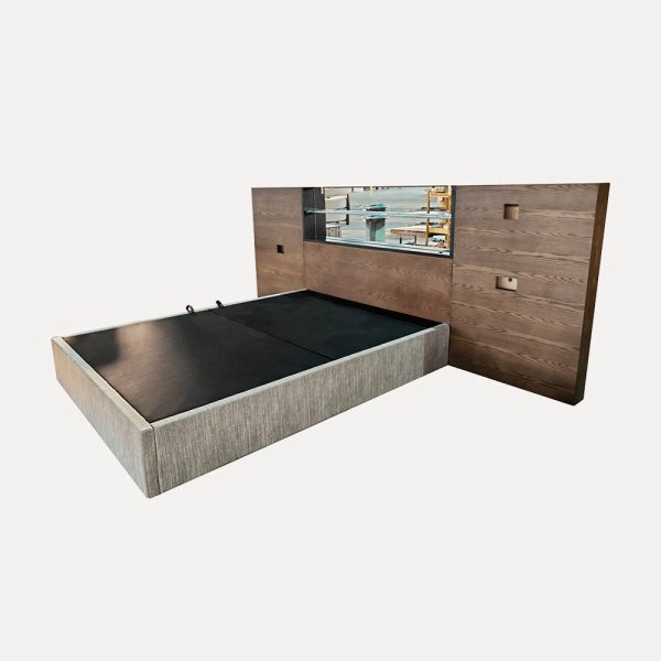 Modern Upholstered Bed with Oak Veneer Headboard, Built-in Mirror & Ultra-Clear Glass, Fire-Retardant Fabric, Pre-Drilled UK Socket, Customizable Size, Export to UK. - Image 4