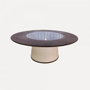 walnut dining table, marble inlay dining table, motorized rotating tray table, luxury dining table, classic dining hall table, high-end restaurant furniture, PU leather base dining table, solid walnut dining table, customizable dining table