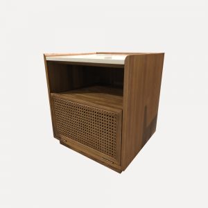 Solid elm wood nightstand Elm wood bedside table Travertine nightstand Rattan accent furniture Italian stone furniture Elegant bedroom furniture Modern bedside table Luxury nightstand Minimalist bedroom furniture Designer nightstand