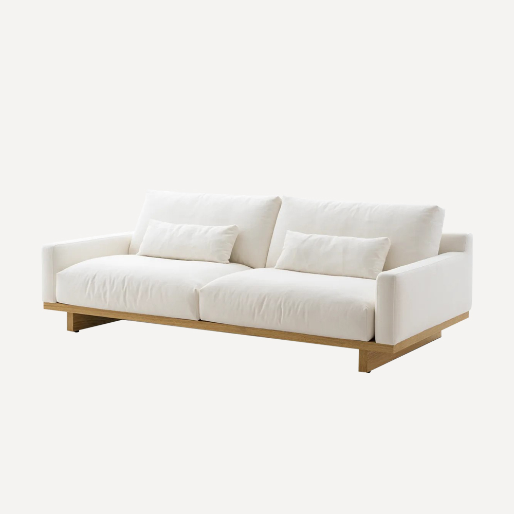 Modular design for easy transport, handling, and flexible arrangement Upholstered in soft, natural-colored cotton-linen fabric Oak-veneer base in natural color for elegance and stability Seat and back cushions filled with high-quality foam, Japanese duck down, and Mixcell Cube foam Cushions automatically recover to original shape after use Connectable with additional sections via sofa connectors for customizable layouts Minimalist, versatile design suitable for living rooms, offices, or hospitality spaces Export-ready, previously shipped to Japan