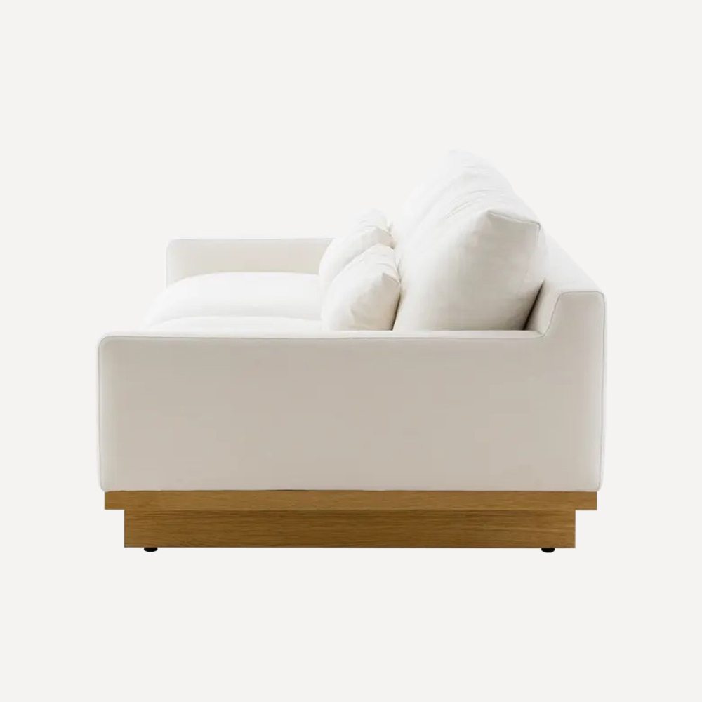 Modular design for easy transport, handling, and flexible arrangement Upholstered in soft, natural-colored cotton-linen fabric Oak-veneer base in natural color for elegance and stability Seat and back cushions filled with high-quality foam, Japanese duck down, and Mixcell Cube foam Cushions automatically recover to original shape after use Connectable with additional sections via sofa connectors for customizable layouts Minimalist, versatile design suitable for living rooms, offices, or hospitality spaces Export-ready, previously shipped to Japan